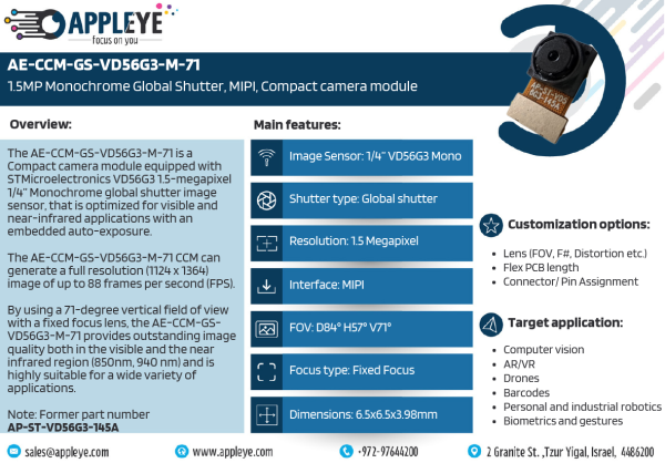 AE-CCM-GS-VD56G3-M-71 | 1.5MP Monochrome Global Shutter, MIPI, Compact camera module - Image 2