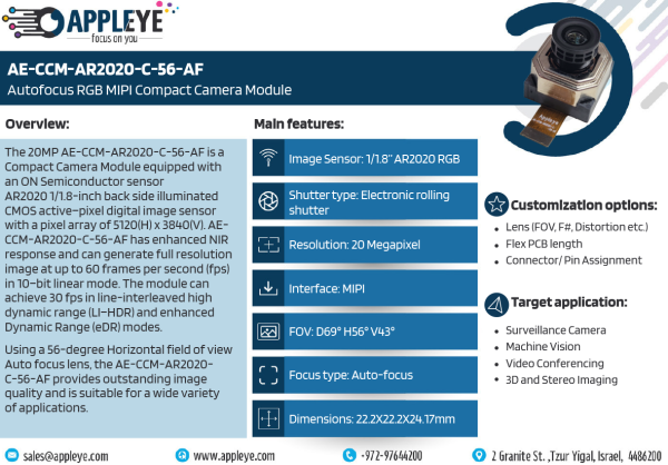 AE-CCM-AR2020-C-56-AF | 20 MP Autofocus RGB MIPI Compact Camera Module - Image 2