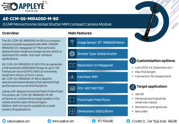 AE-CCM-GS-MIRA050-M-80 | 0.5 MP Monochrome Global Shutter MIPI Compact Camera Module - Image 2