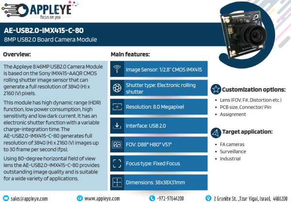 AE-USB2.0-IMX415-C-80 | 8MP USB2.0 Board Camera Module - Image 2