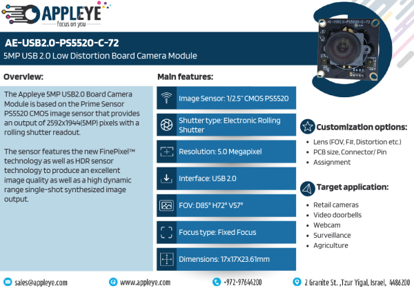 AE-USB2.0-PS5520-C-72 | 5MP USB 2.0 Low Distortion Board Camera Module - Image 2